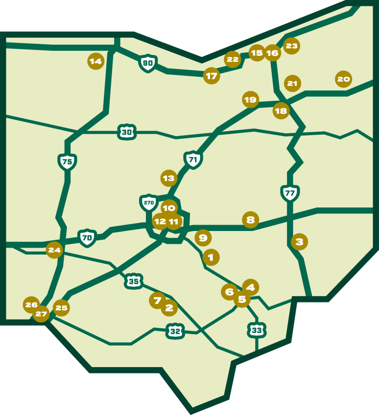 Ohio map with numbers correlating to list of Breweries below.