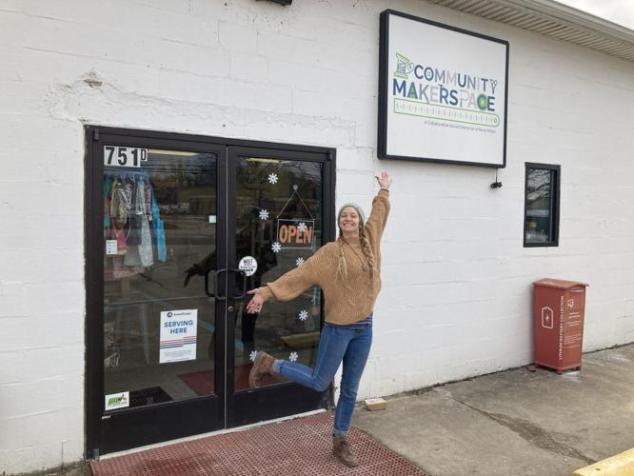 Upcycle Ohio Community Makerspace Manager Heather Fuston outside of the Makerspace building.