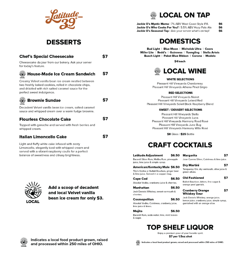 Latitude 39 Dessert and Drink Menu