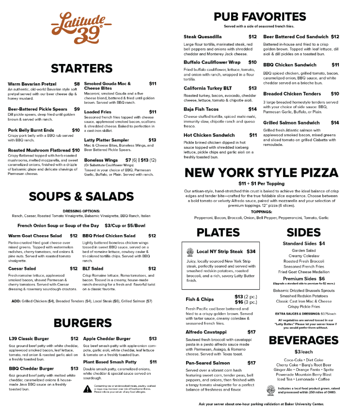 Latitude 39 Dinner Menu