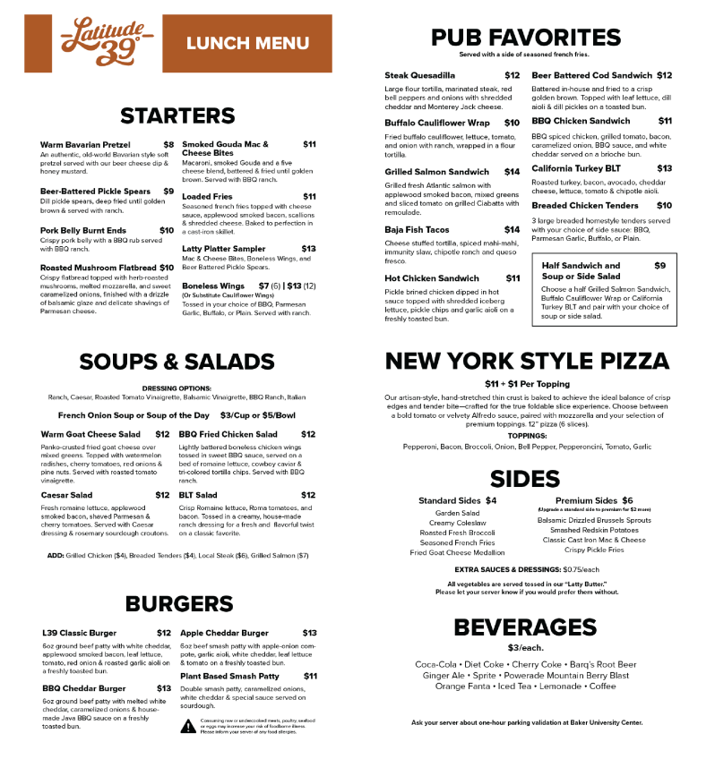 Latitude 39 Lunch Menu
