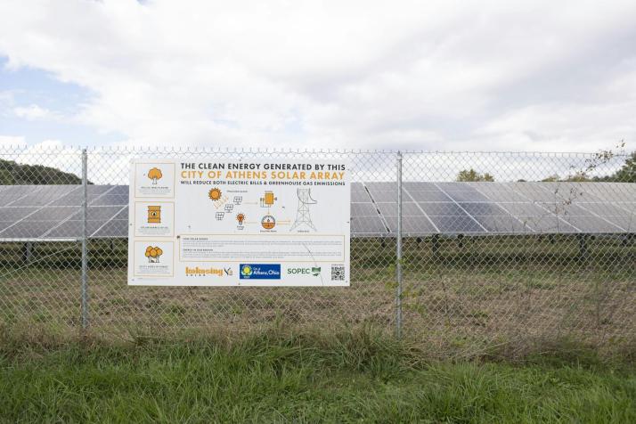 Solar pannels are protected by metal fencing as they sit across from the Athens Water Treatment Center, Oct. 12, 2025. Photo by Alaina Dackermann 