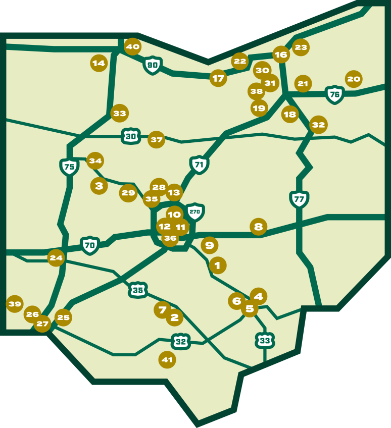 map of ohio with numbers representing locations of breweries throughout the state