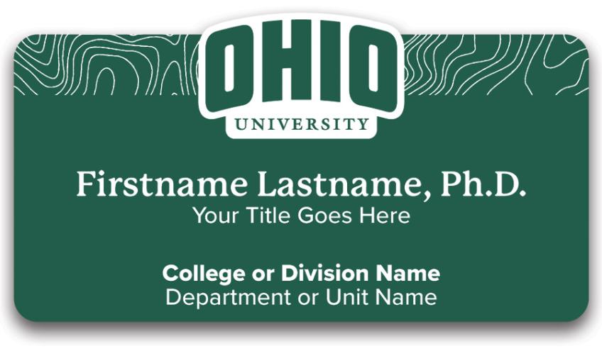 Green Ohio University name badge example with fake placeholder name
