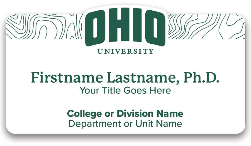White Ohio University name badge example with fake placeholder name