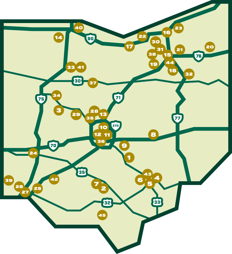 Map of Ohio with numbered circles 1-45 of the locations of breweries along the Bobcat Brew Trail.