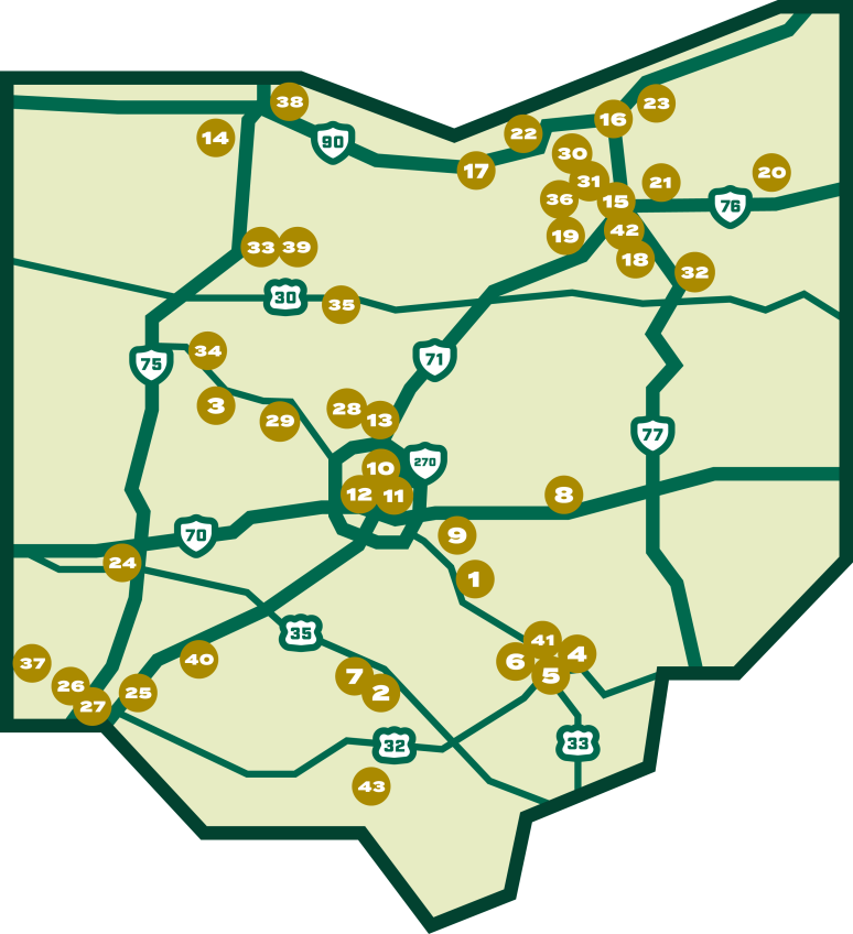 Bobcat Brew Trail map of Ohio with numbered circles that correspond to brewery list.