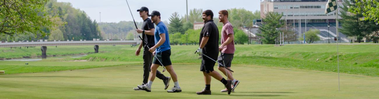 Players walk on the golf course green