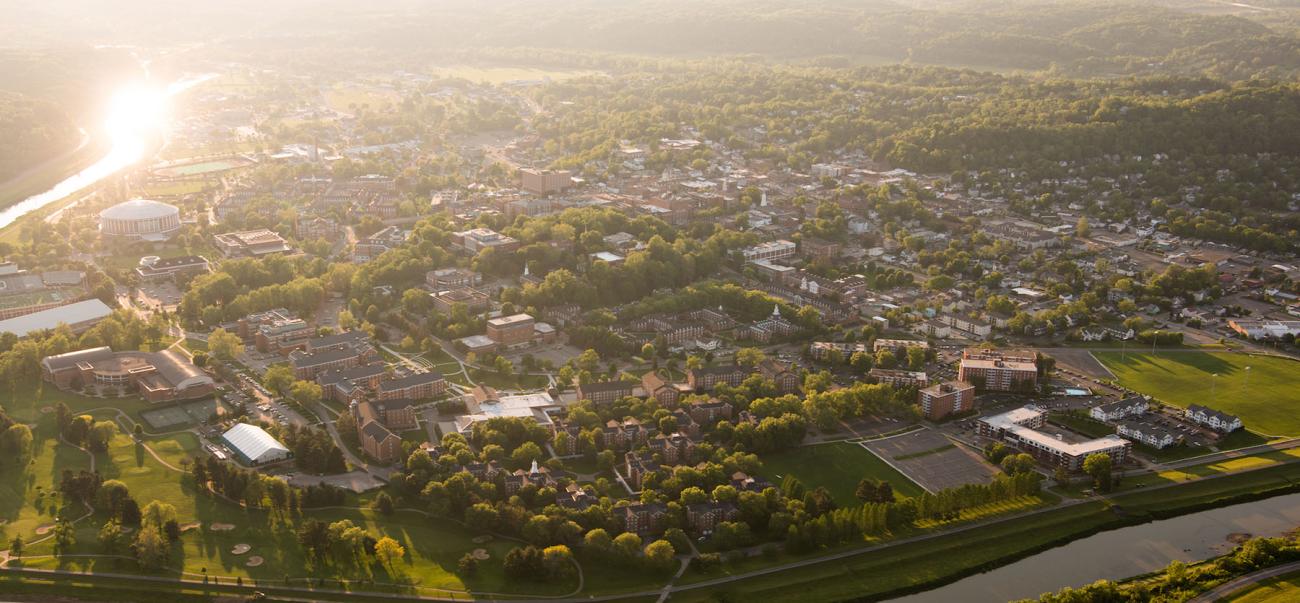 Aerial view of the Athens Campus at sunset