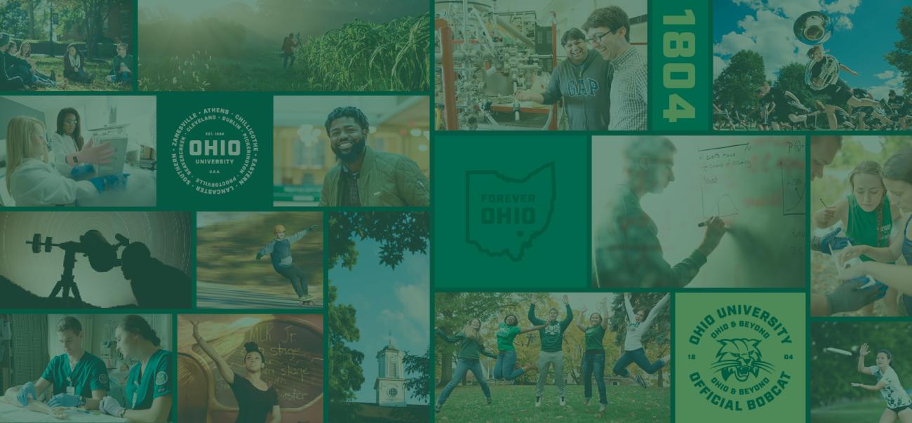 Collage of different photos of Ohio University students, campus buildings, and OHIO brand graphics