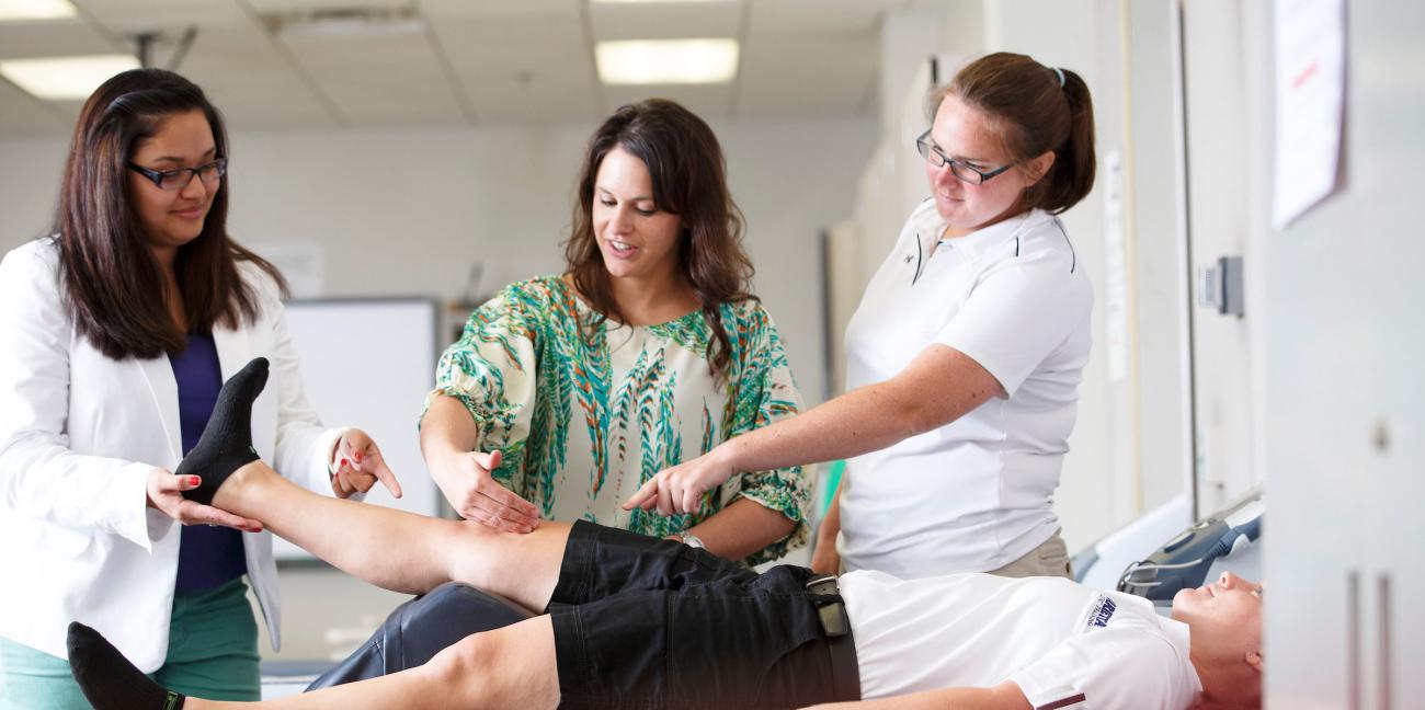 Athletic training students study the movement of a person's knee while an instructor observes