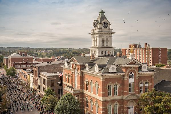 Aerial view of Uptown Athens during Homecoming parade