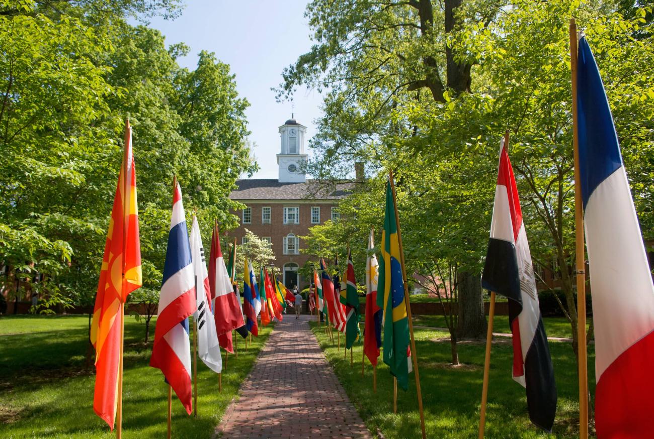 International flags line College Green at Ohio University