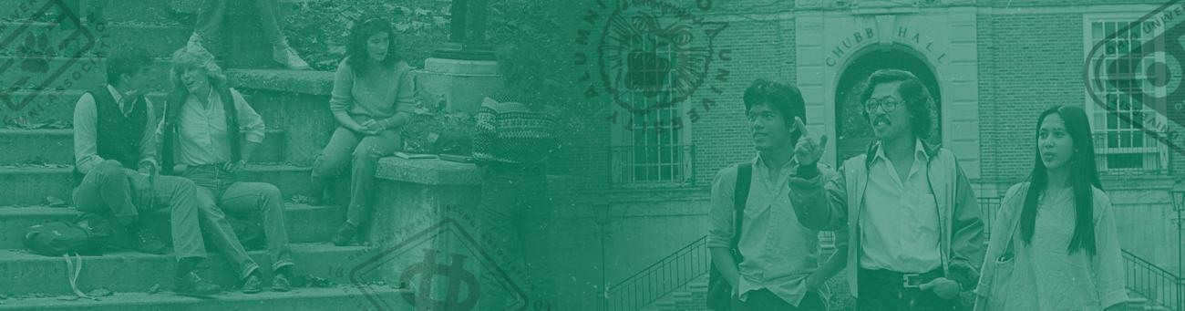 Green graphic with vintage photos and multiple Ohio University Alumni Association logos.