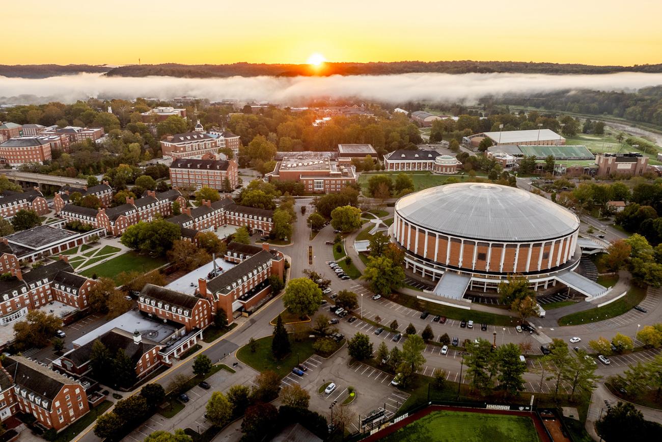 aerial photo of Ohio University's campus at sunrise 