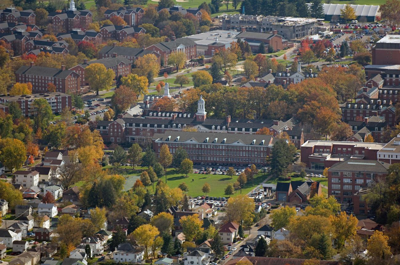 Aerial view of brick buildings on East Green at Ohio University