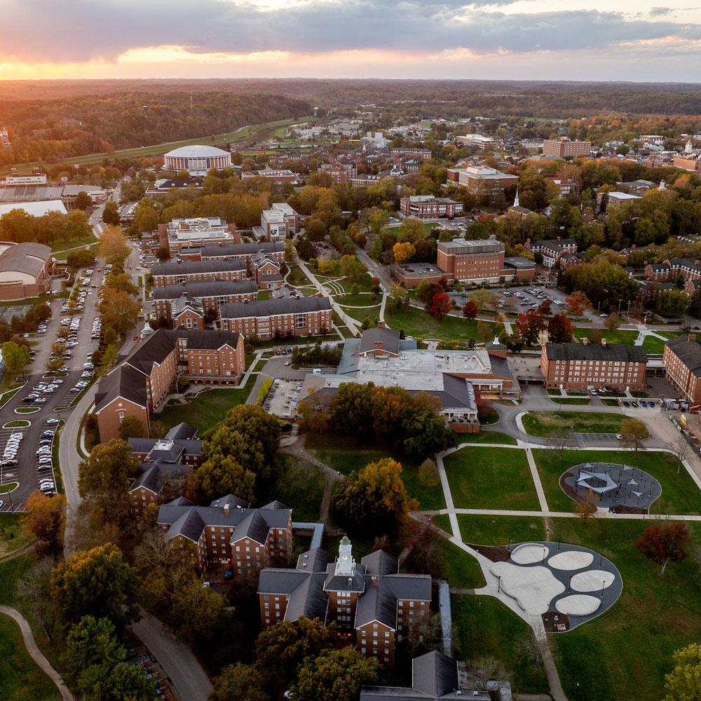 An aerial photograph overlooking Ohio University, Athens campus in the fall.