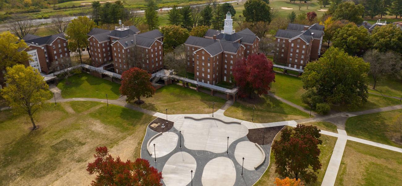Aerial view of brick residence hall buildings at Ohio University