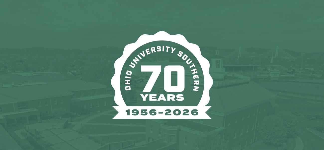 Green aerial image of Southern campus with a white 70 year anniversary logo