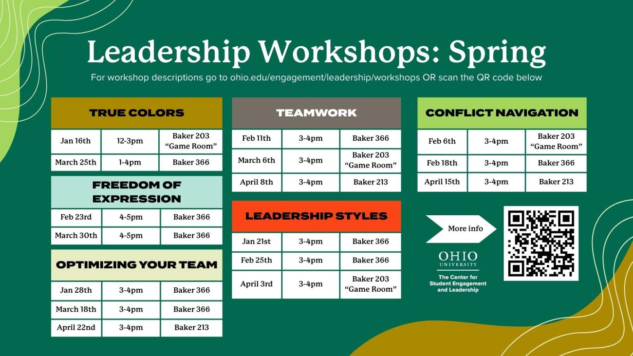 Poster displaying Spring Workshop dates (also listed below)