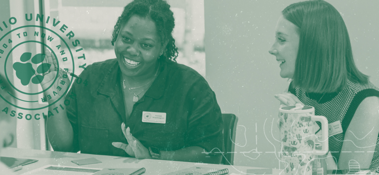 Roundtable image of two people talking featuring Ohio University Alumni Association logo