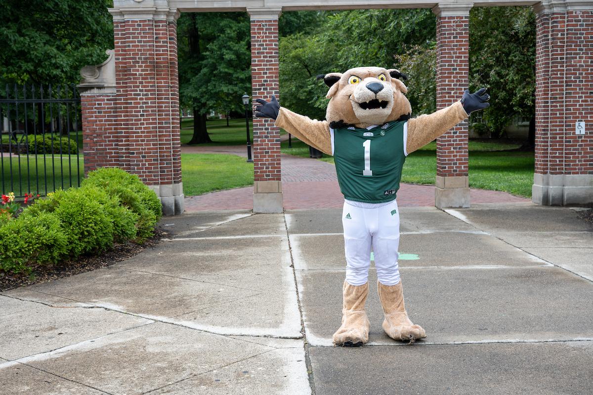 Rufus with arms spread wide in celebration. 