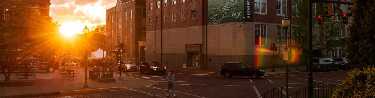A view of Court Street in Athens and the College of Business at sunrise.