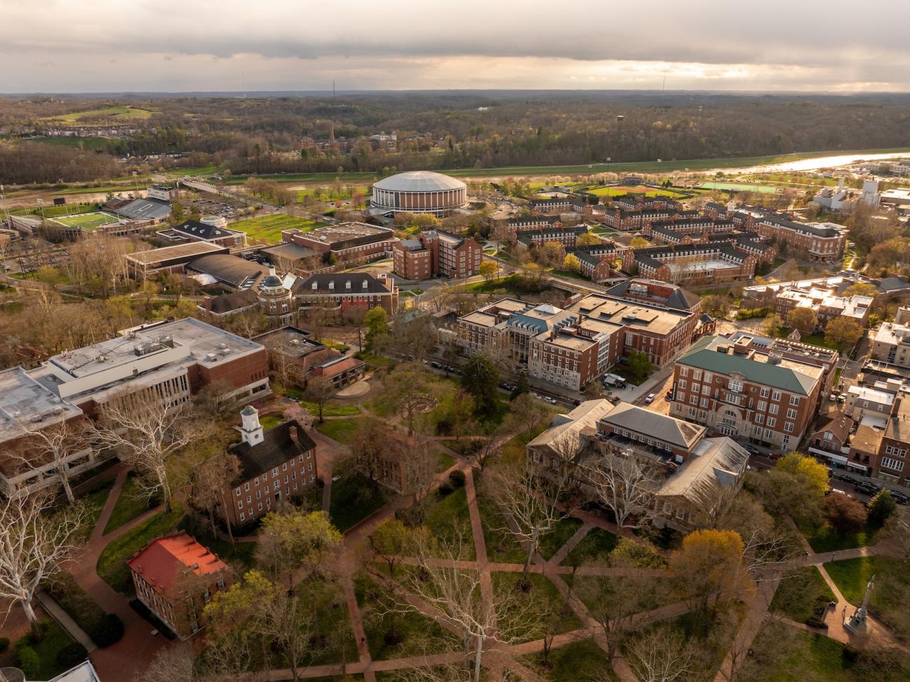 aerial photo of Athens, Ohio in the early springtime 