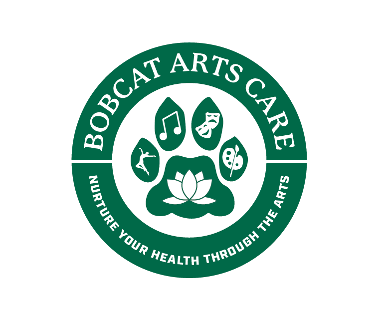 bobcat artscare logo including bobcat paw print and text that says nurture your health through the arts