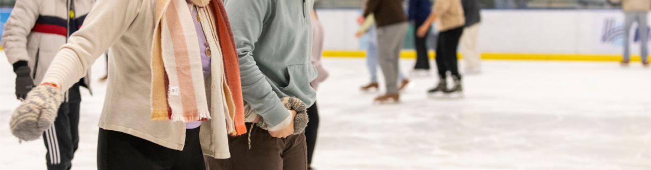 woman holds her friend's hand as they skate on bird ice arena rink