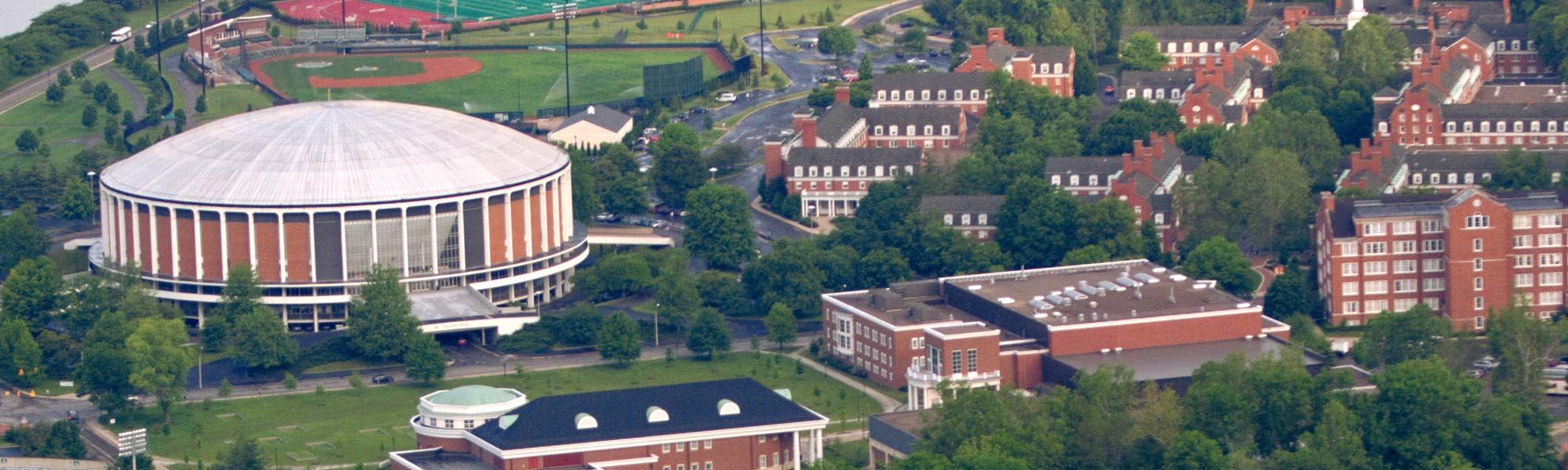 areal view of campus showing the convocation center and nearby buildings