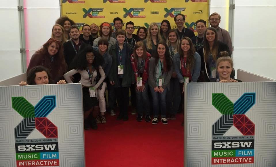 Photo of students gathered on red carpet at South by Southwest festival