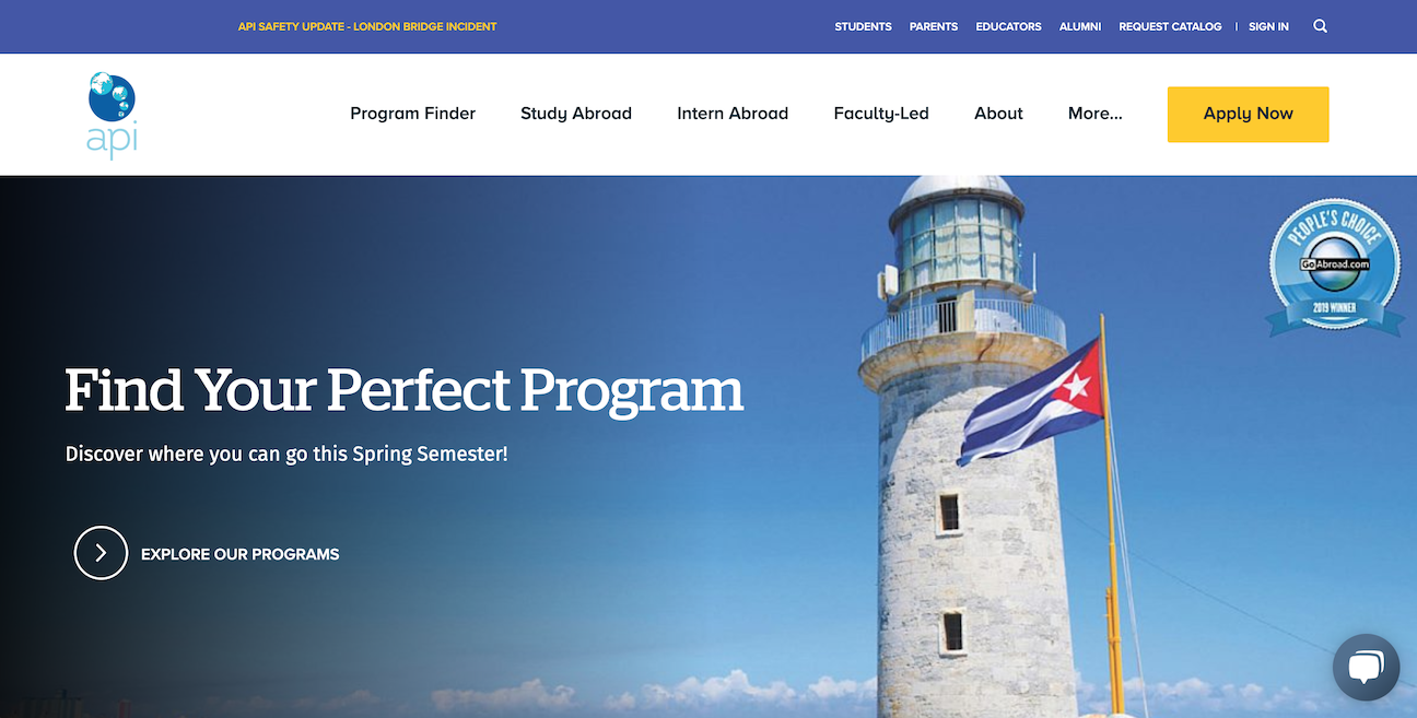 Screenshot of API study abroad webpage