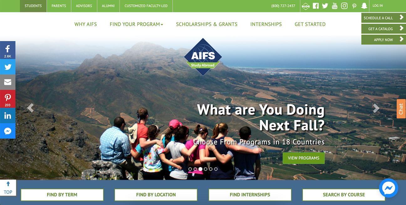 Screenshot of AIFS study abroad webpage