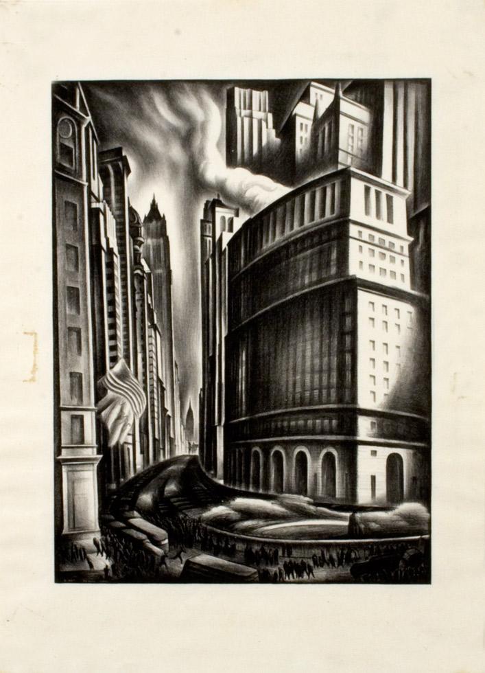 Looking Up Broadway, 1937,  Howard Cook (American, 1901-1980), Lithograph. 17.5” x 12.25” (44.4cm  x 31cm), KMA 75.018.i2