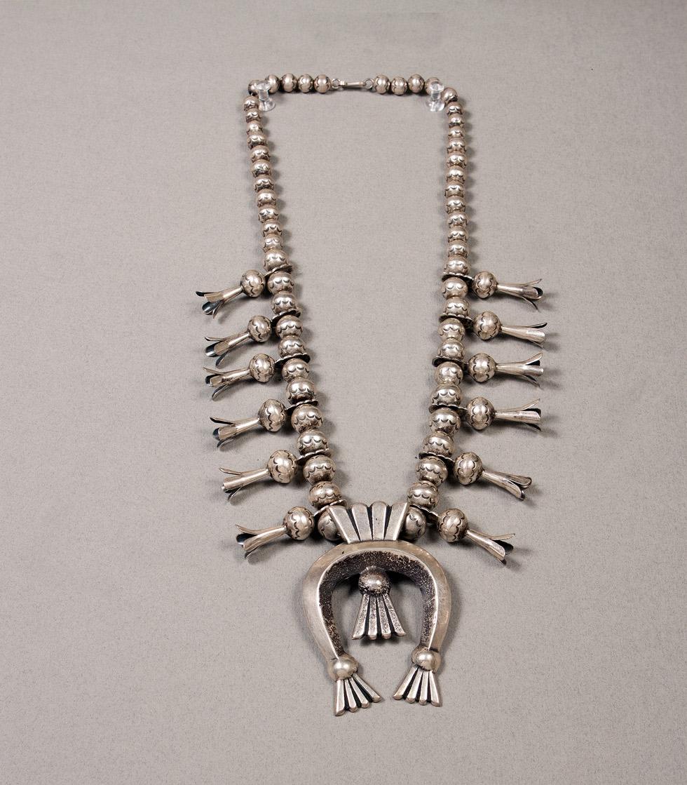Silver Squash Blossom Necklace, date unknown, John Burnside, Navajo, 89.016.304. Gift of Edwin L. and Ruth E. Kennedy.