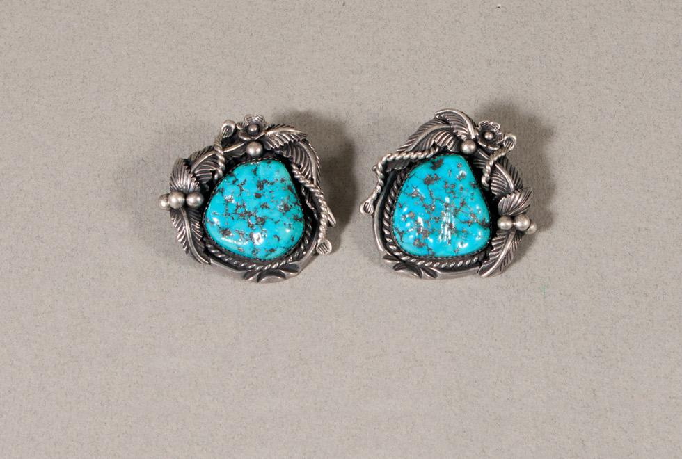 Silver Cufflinks with Morenci Turquoise, date unknown, maker unknown, Navajo, 89.016.336a. Gift of Edwin L. and Ruth E. Kennedy.