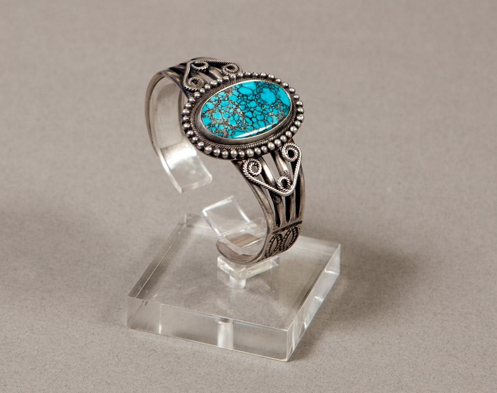 Bracelet with Lone Mountain Turquoise, 1930s, maker unknown, Navajo, 89.016.494A. Gift of Edwin L. and Ruth E. Kennedy.