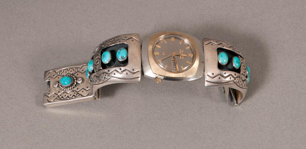 Three-link watch bracelet with ten turquoise pieces, 1960s, Maker unknown, Navajo, 89.016.580. Gift of Edwin L. and Ruth E. Kennedy.