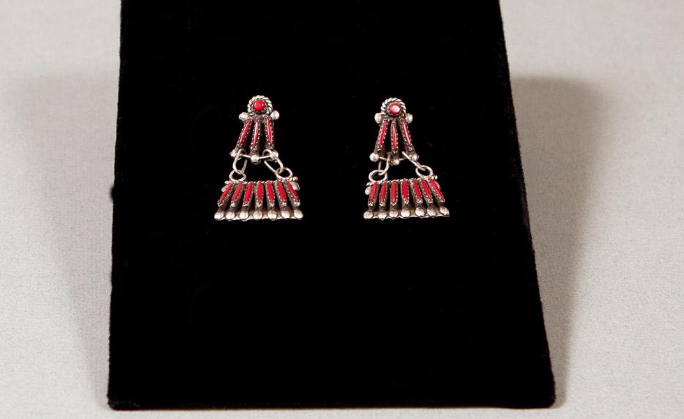 Coral Dangling Earrings, date unknown, Paloma Christian, Zuni, 89.016.645A. Gift of Edwin L. and Ruth E. Kennedy.