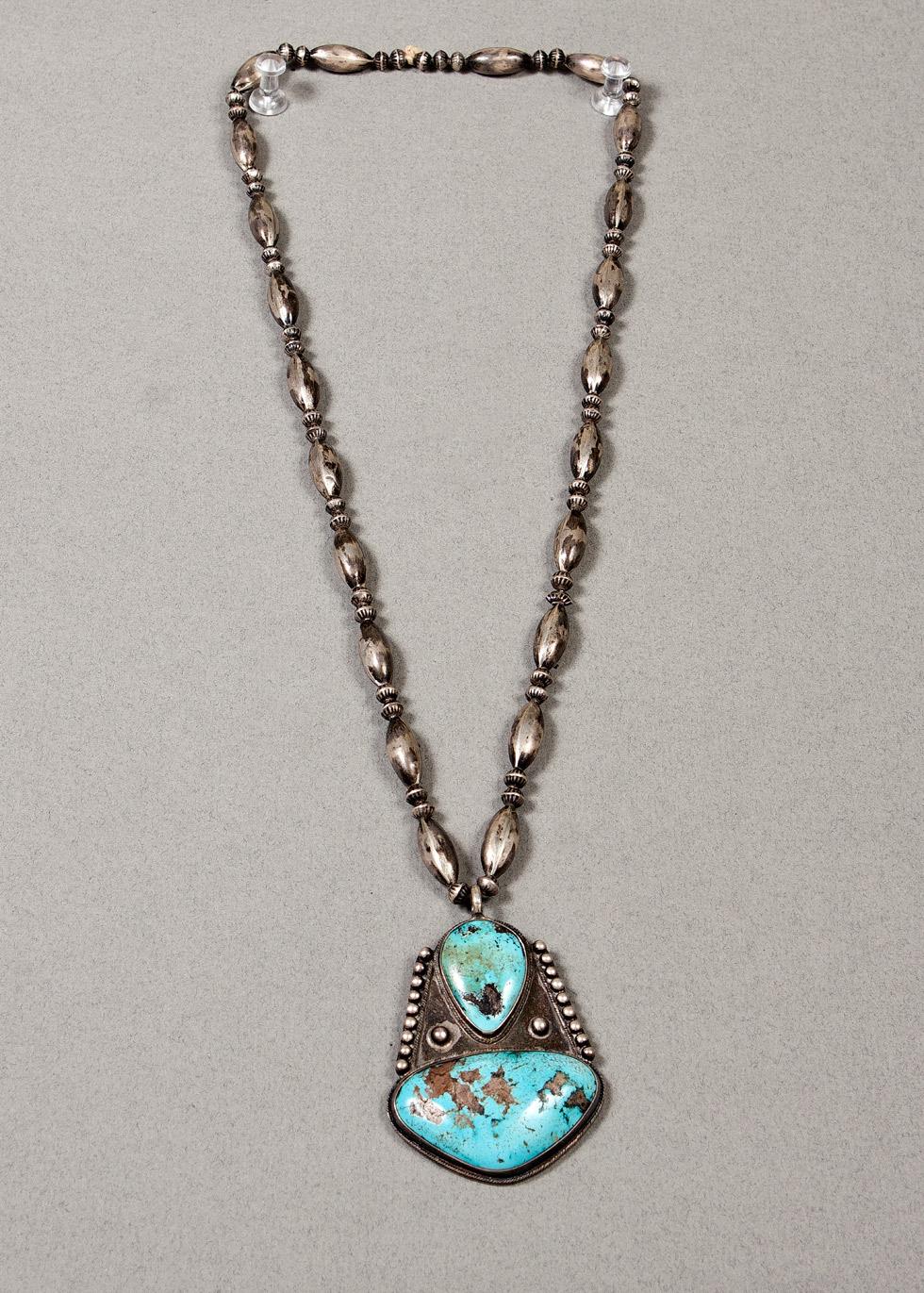 Pendant with Two Pieces of Turqouise on a Handmade Chain, Date unknown, Maker unknown, 89.016.625. Gift of Edwin L. and Ruth E. Kennedy.