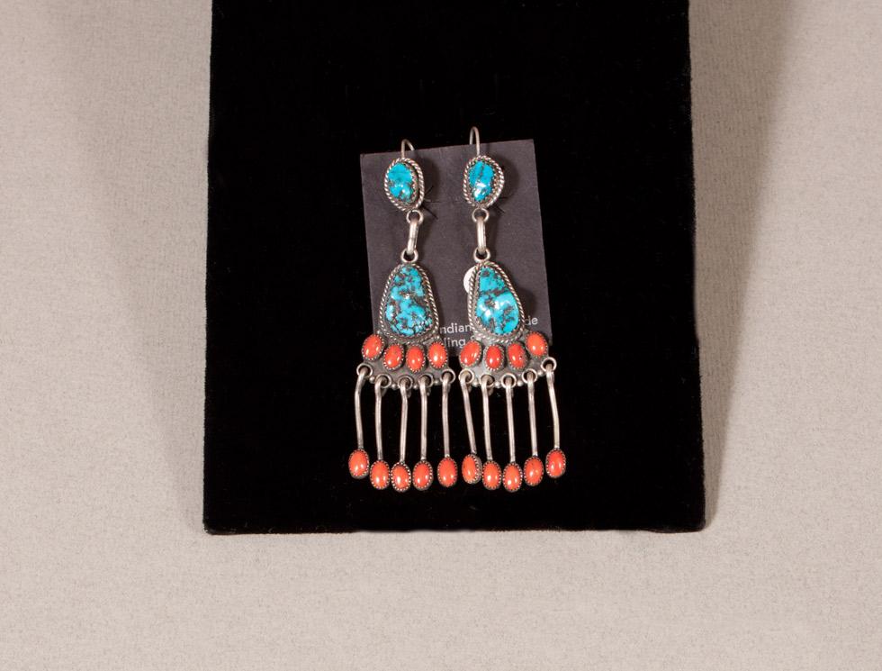Turquoise and Coral Dangling Earrings, Date unknown, Maker unknown, 89.016.764A. Gift of Edwin L. and Ruth E. Kennedy.