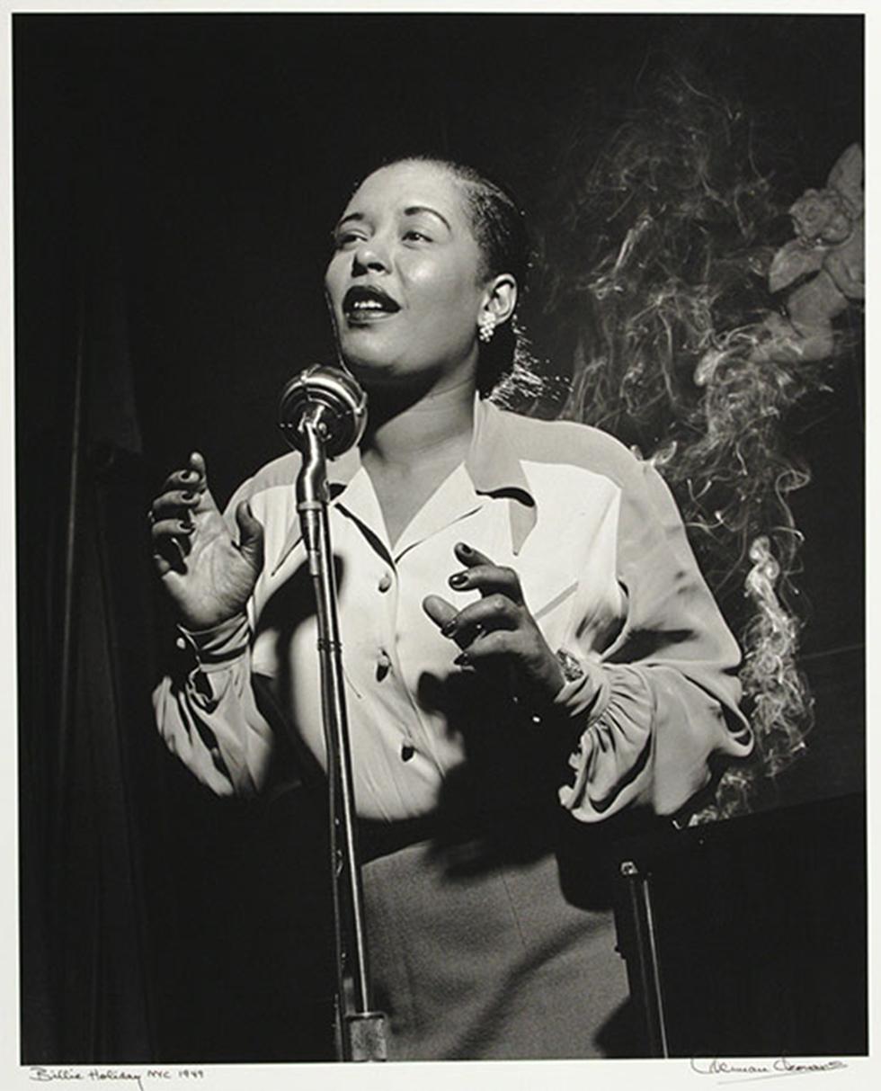 Billie Holiday - NYC, 1949, Herman Leonard, gelatin silver, 20 x 16 in. (50.8 x 40.6cm), 93.004.15. Gift of the artist.