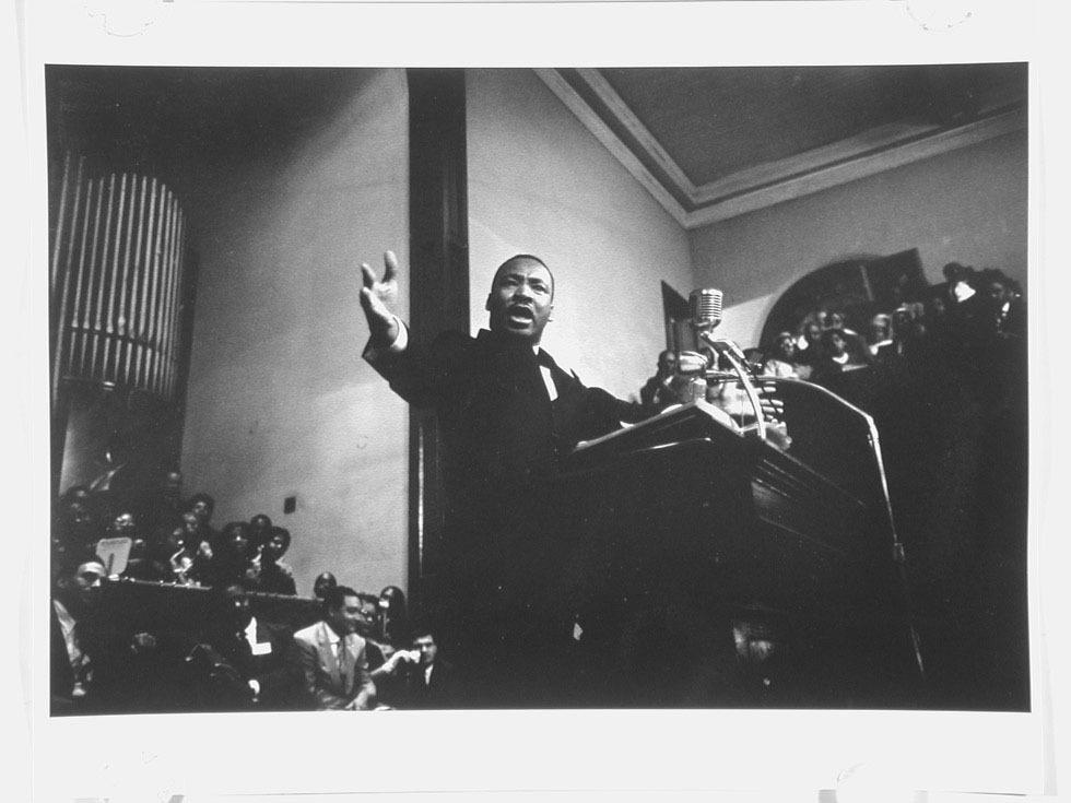 Martin Luther King, Jr. Speaking at 16th St. Baptist Church, Birmingham, Alabama, 1962, James H. Karales, gelatin silver, 14 x 11 in. (35.5 x 27.9cm), 2006.01.14. Gift of the artist.