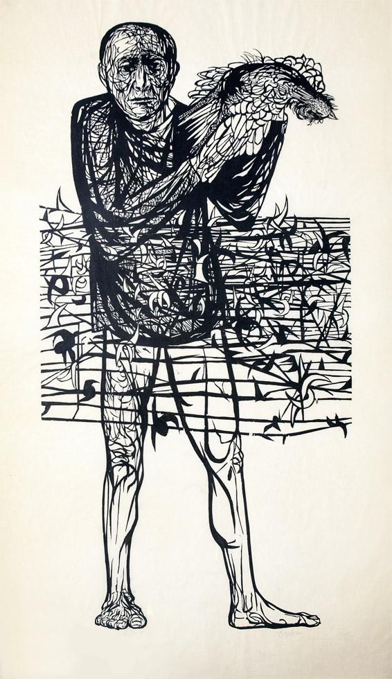 Man of Peace, 1952, Leonard Baskin (American, 1922-2000),  woodcut, 72.125” x 39.875” (183.2cm x 101.3cm), published by Kennedy Graphics, Inc., NYC,  KMA 91.024.4