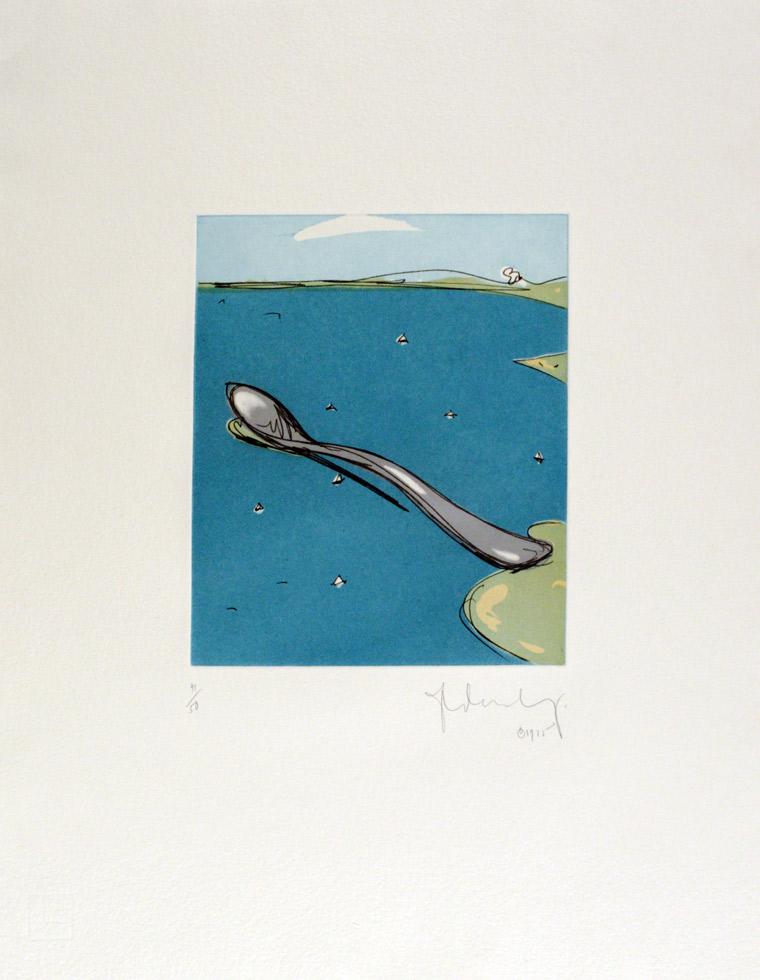 Spoon Pier, from Landfall Press Etching Portfolio #44, 1974, Claes Oldenburg (Swedish, b. 1929), soft ground and aquatint, 28.25” x 22.75” (71.7cm x 57.7cm),  published by Landfall Press, Chicago, KMA 78.055.i1