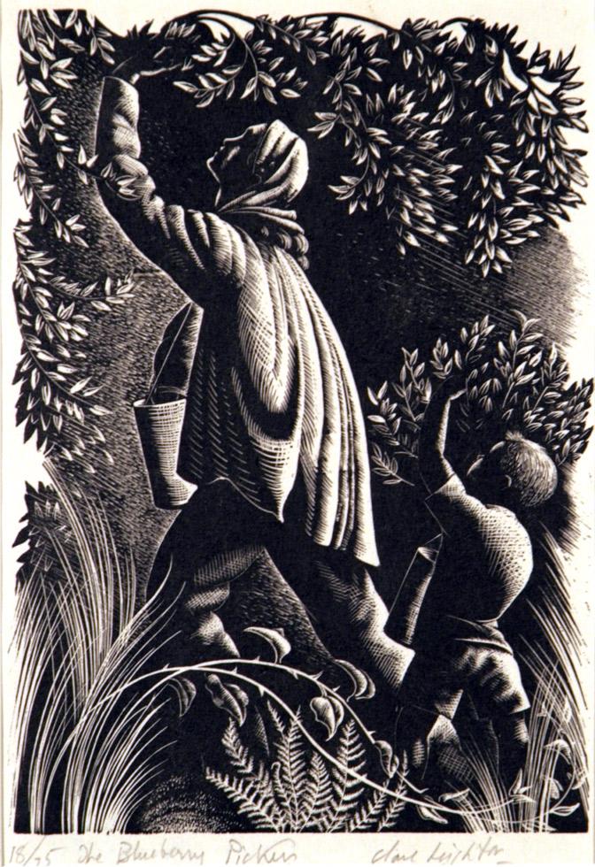 The Blueberry Pickers, 1954, Clare Leighton (British, 1898-1989), wood engraving 8.75” x 6” (22.2cm x 15.2cm), KMA 75.042.i9