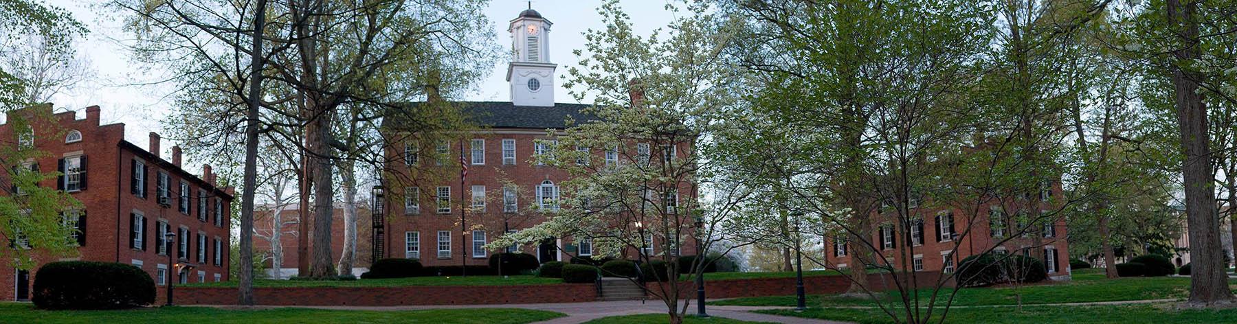 Panoramic image of brick buildings on College Green on the Athens Campus.