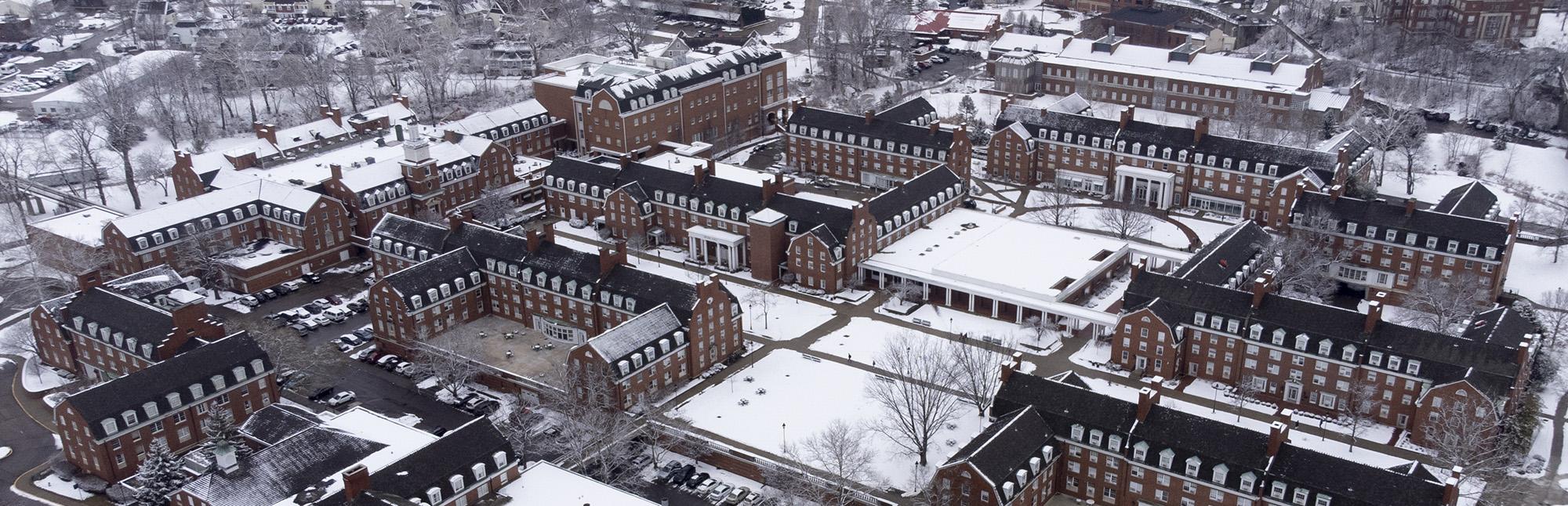 A drone photo of Ohio University buildings on West Green.