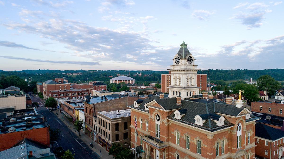View of Uptown Athens featuring the County Courthouse looking south toward campus at sunrise